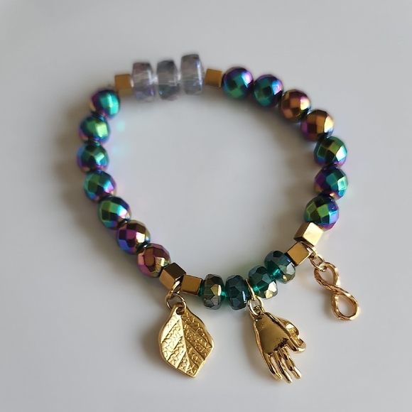 Handmade Jewelry - Iridescent Hematite  Beaded Bracelet with Gold Charms